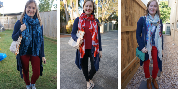 three red and blue outfit ideas with navy waterfall cardigan | awayfromblue