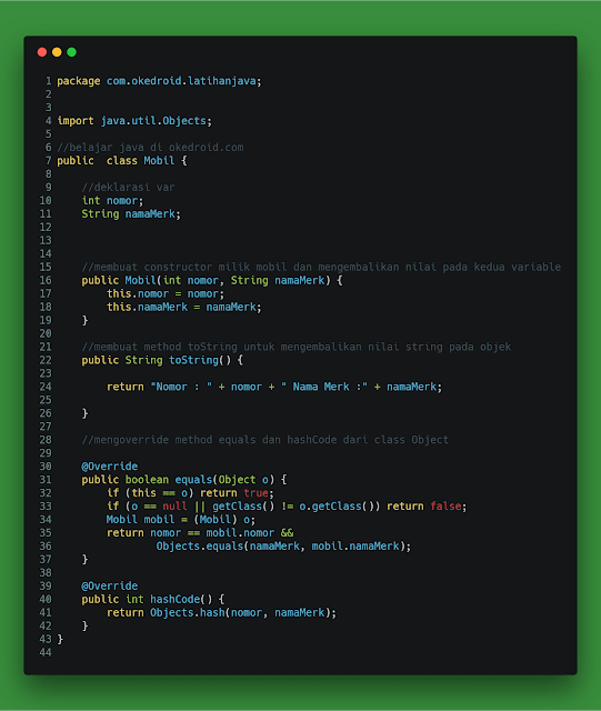Contoh Code class mobil dengan definisi fungsi method override hashcode and equals di java