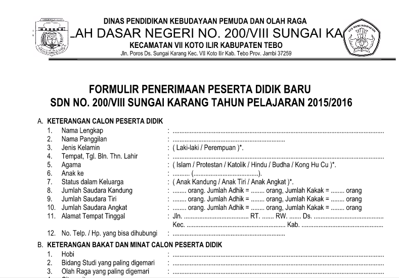 Unduh Contoh Formulir Pendaftaran Peserta Didik Baru Tahun Pelajaran 2015/2016
