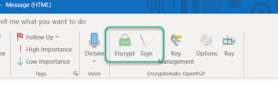 Screen image showing Encryptomatic OpenPGP buttons, "Encrypt" and "Sign" in a new Outlook email.