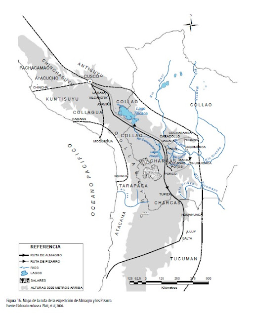 Mapa de la ruta de la expedición de Almagro y los Pizarro
