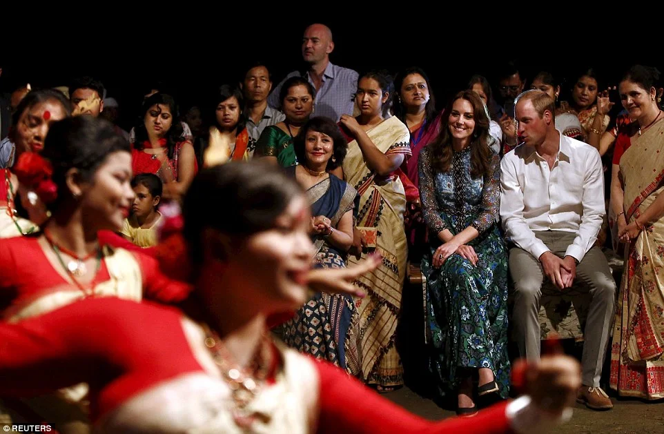 Kate opted for a folksy floral printed Anna Sui dress for a warm evening in Assam, India