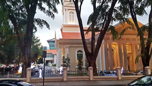 side view of the facade of Good SHepherd Cathedral along Bras Basah Road corner Victoria St. Singapore