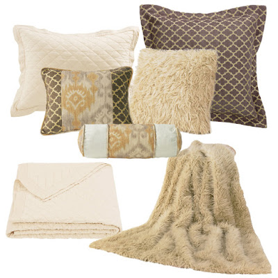 Casablanca bedding pillows, Cream Sheep Faux Fur throw and pillow, Cream diamond linen quilt
