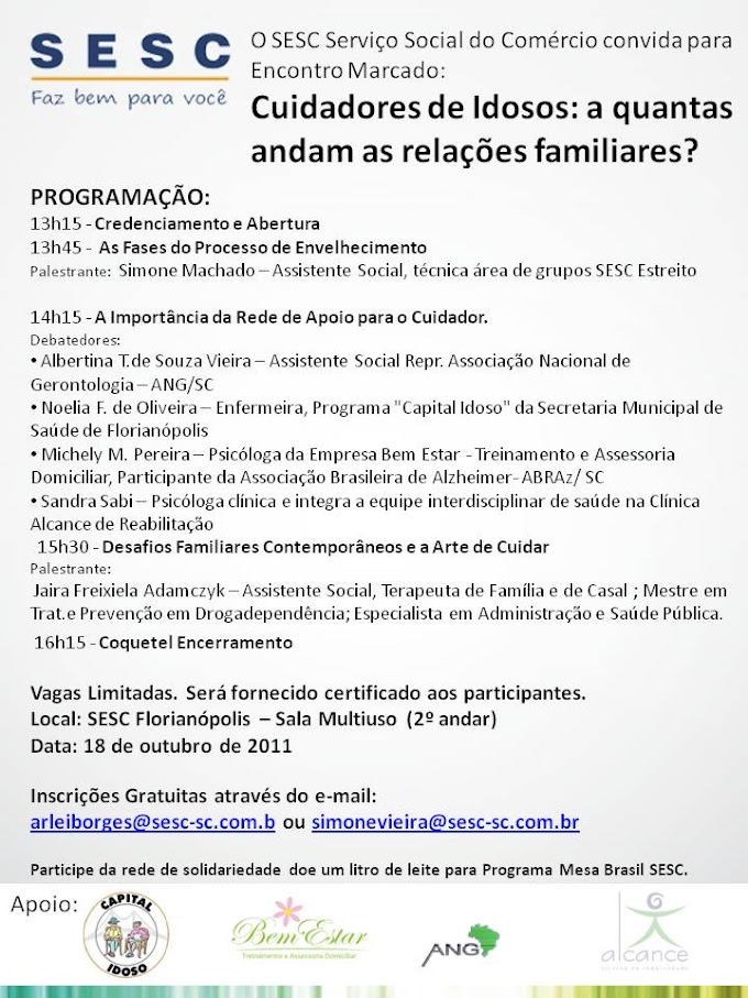 SESC comvida para palestra: Cuidadores de Idosos: a quantas andam as relações familiares?