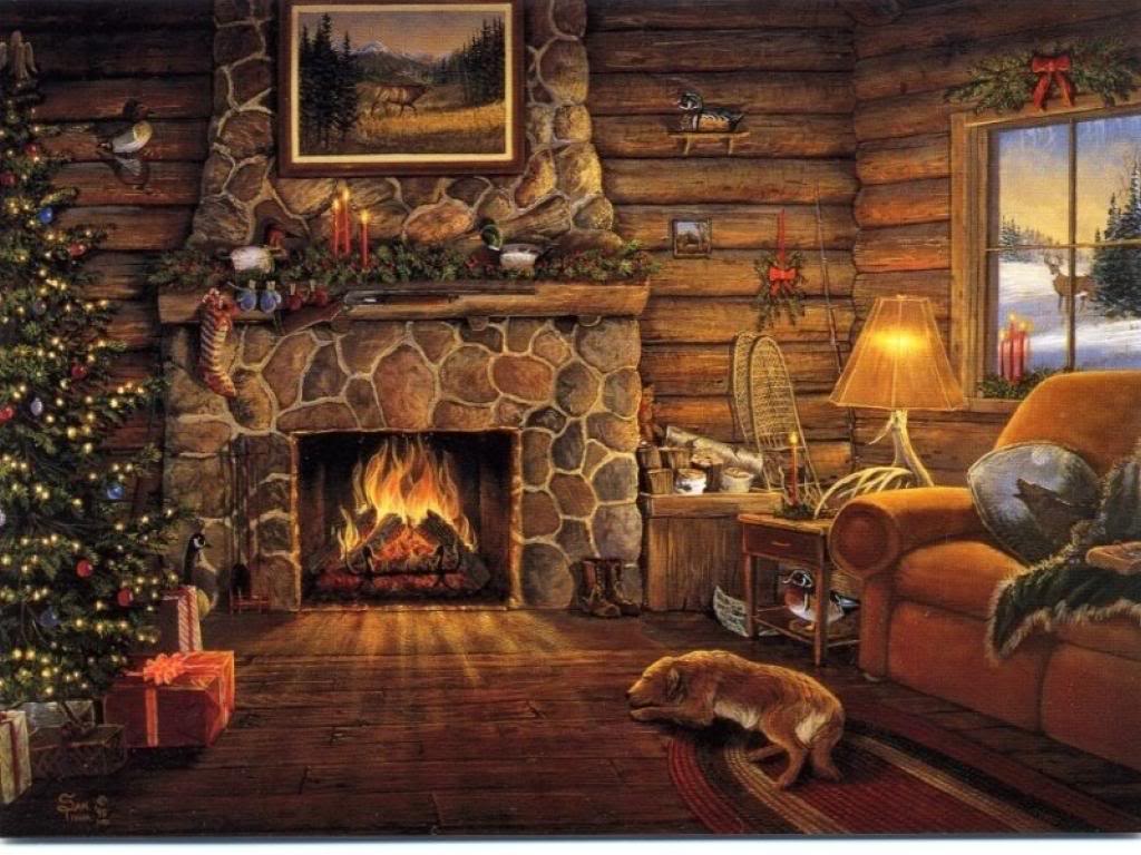 Christmas Fireplace Cabin Dog