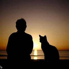 A silhouette of a cat and its owner sat at the beach watching the sunrise