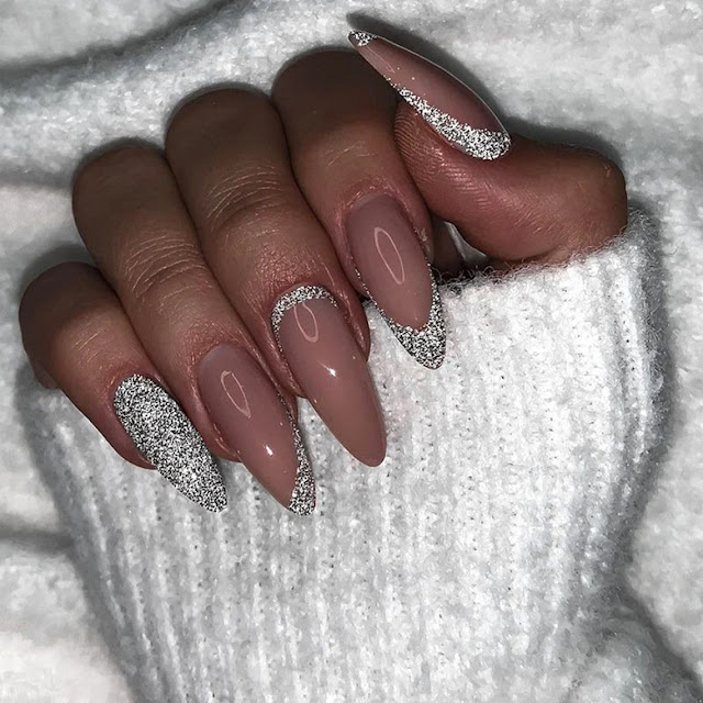 Mocha Sparkle Nail Shiny French Nail Silver Incline French Glitter Almond Press On Nail set with Glue Sparkle Silver French Bling Nail