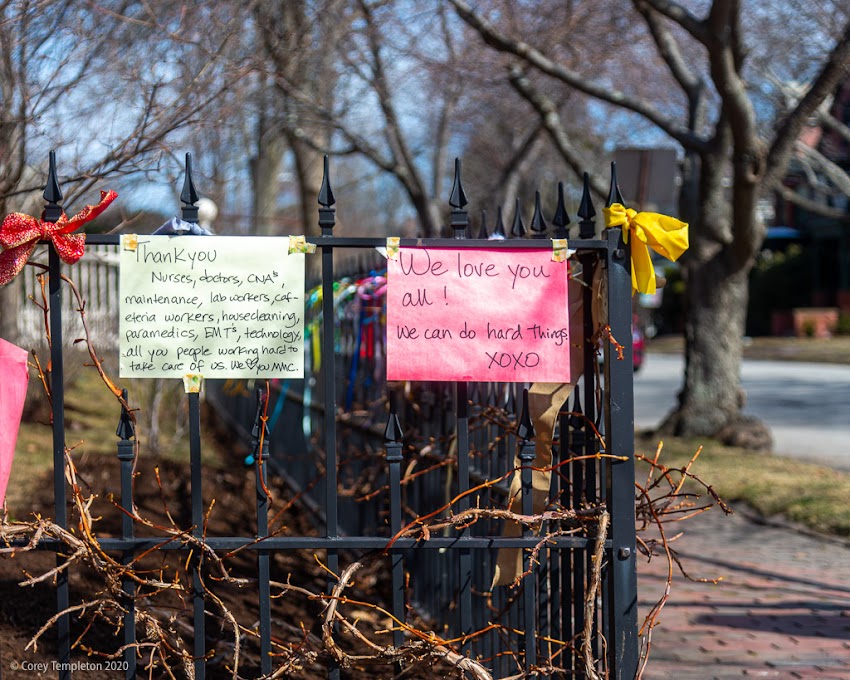 March 2020 photo by Corey Templeton. Signs of encouragement for the folks working at nearby Maine Medical Center and Northern Light Mercy Hospital in the West End.