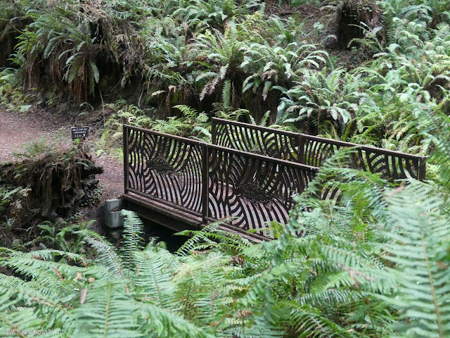 14: metal bridge with fish design on the railing