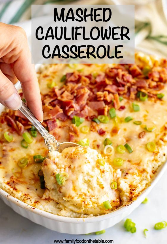   Mashed cauliflower casserole with cheese and bacon
