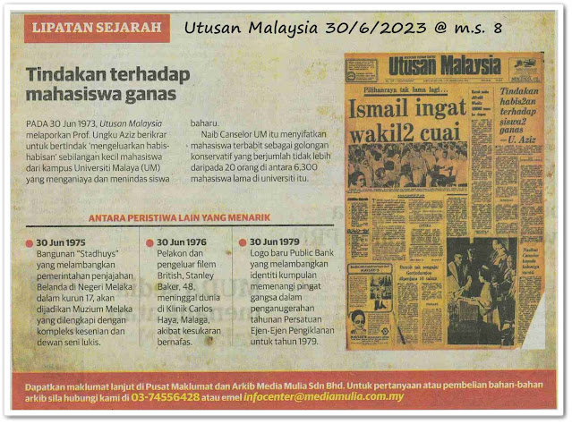 Lipatan sejarah 30 Jun - Keratan akhbar Utusan Malaysia 30 Jun 2023