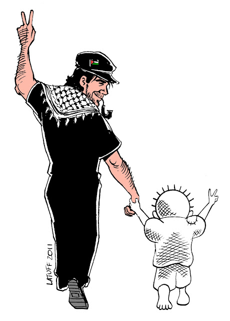 Nel disegno: a sinistra Vittorio Arrigoni con kefiah e pipa. Stringe la manod  di un bambino, sulla destra, ritratto di spalle: è il personaggio "Handala" dell'artista Naji al-Ali.