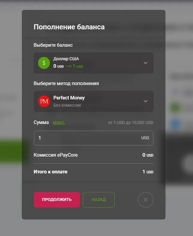 ePayCore пополнение счета 3