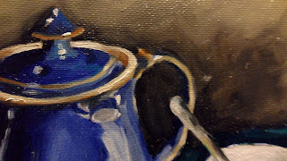 Daily painter.Painting a day.PAD Movement.Blue Denby Teapot and cup with saucer.Close up of the reflection of cup at the top of the teapot which turns the cup upside down .Original oil painting.Small.Unique.