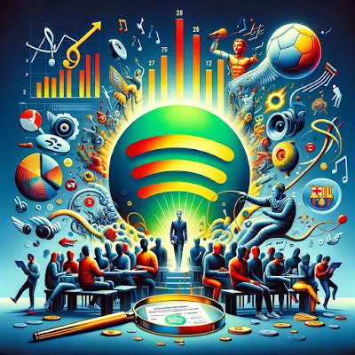 Here is a conceptual illustration that represents Spotify's dynamic changes and strategic initiatives in 2023. The image captures various elements symbolizing the company's activities and strategic directions during the year.