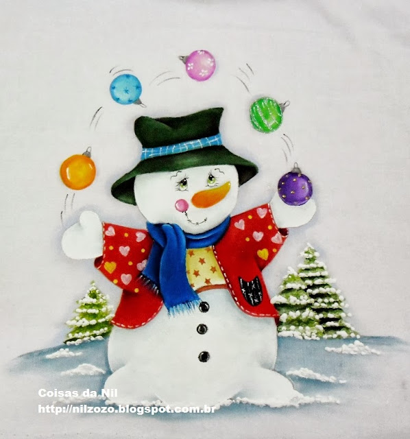 pintura em tecido boneco de neve fazendo malabares com bolas de natal