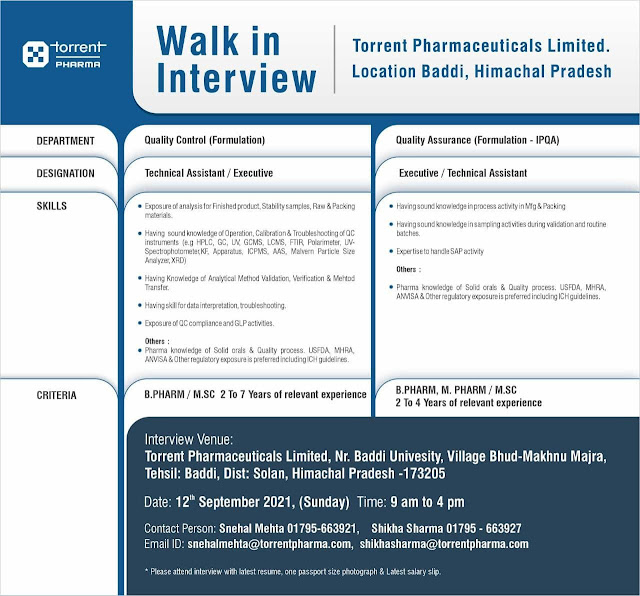 Job Availables, Torrent Pharmaceuticals Walk-In Interviews for Quality Control/ Quality Assurance Department