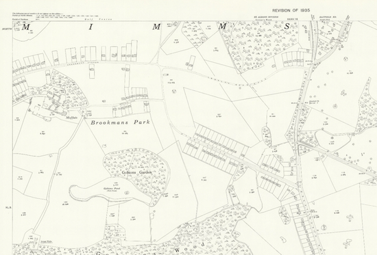 The Ordnance Survey (OS) map showing Brookmans Avenue published 1936