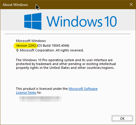 Windows version info pop up