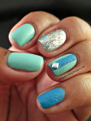 Julep Dianna, OPI Save Me, China Glaze Of Coarse!, square stud, skittle, skittlette, blue, mint, green, silver, glitter, texture, nails, nail art, nail design, mani