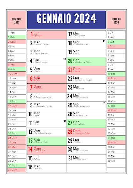 Gennaio - calendario mensile 2024