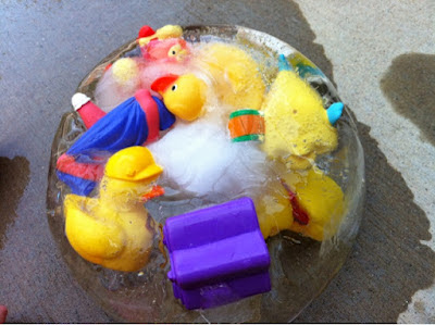 Toddler Summer Fun: freeze a bowl of bath toys, and then use water guns or buckets to "save the ducks!" www.thebrighterwriter.blogspot.com