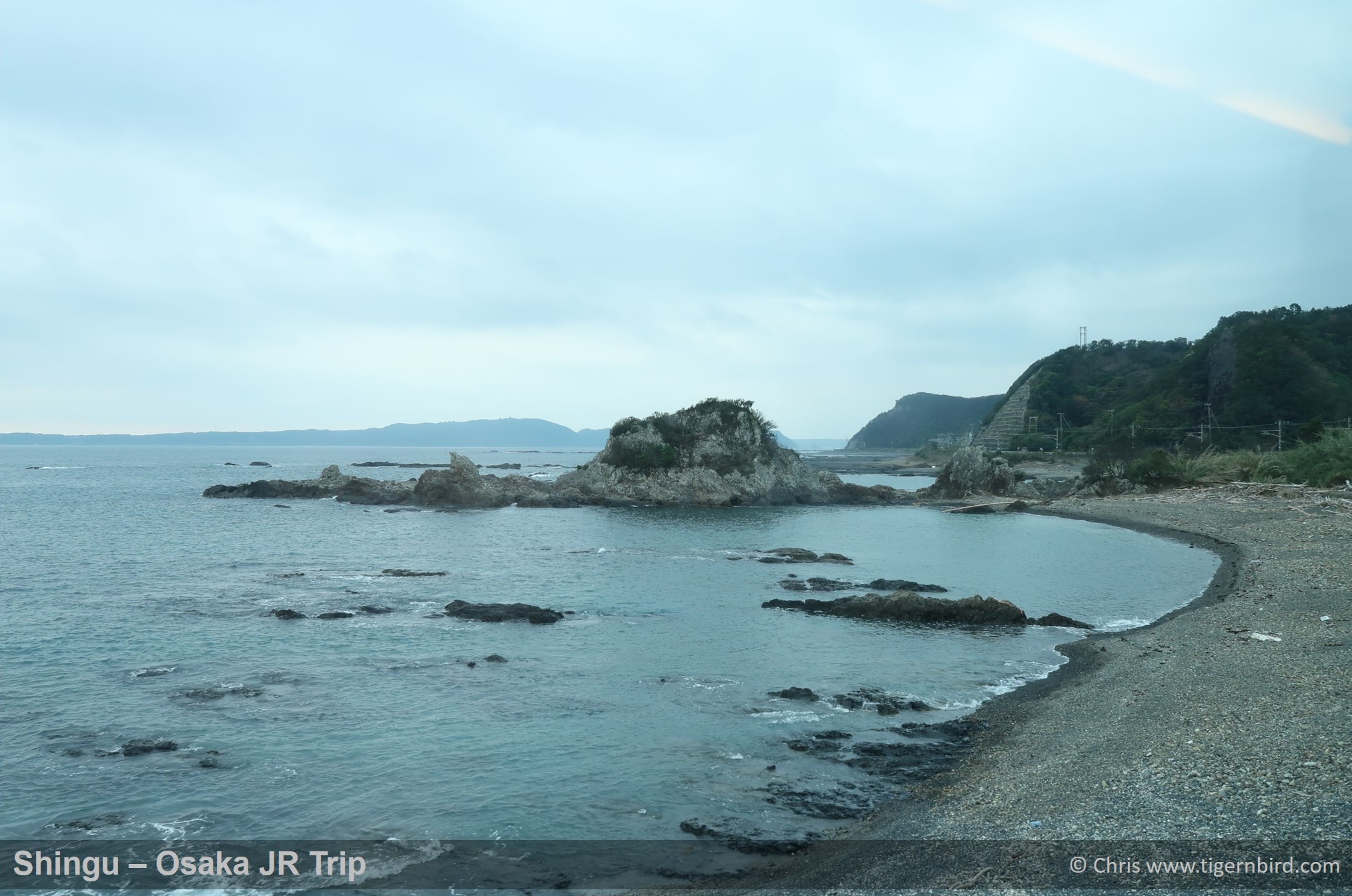 Stony beach as seen from JR Kansai train