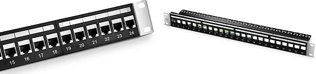 24-Ports-Blank-Keystone-Ethernet-Patch-Panel-Left-and-24-Ports-Cat6-Shielded-Feed-Through-Patch-Panel-Right