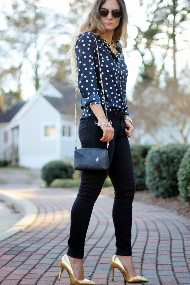 Black on Black outfit with Gold pumps