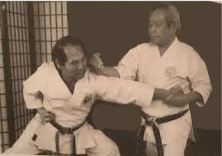 El maestro Teruo Hayashi realizando el bunkai kumite del kata Nipaipo, junto al maestro Seinosuke Mitsuya
