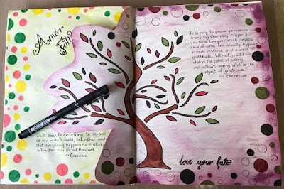 image tree outline in art journal with black pen and quotations from Epictetus