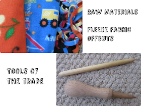 Fleece fabric remnants and wooden tools
