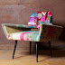 vintage furniture : Bright ethnic textiles pieced together on mid-century modern frames