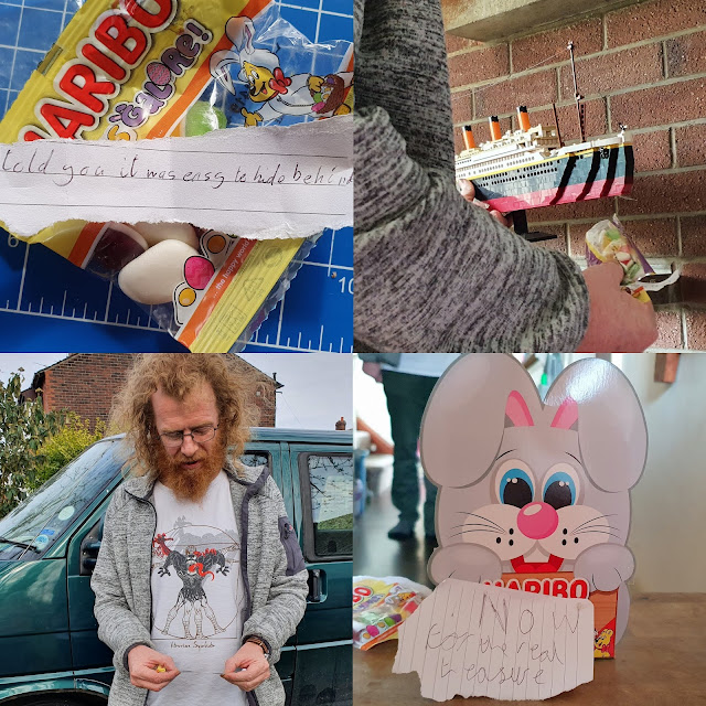 HARIBO Easter egg hunting in the house lockdown collage of clues and sweets