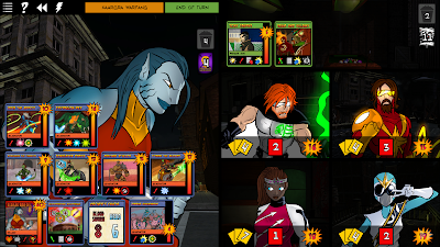 A game state of a game of Sentinels of the Multiverse in which the villain has 7 minions in play. The heroes are clearly in bad trouble.