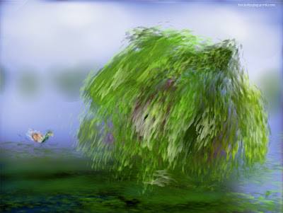 Digital painting of a weeping willow by a river, with a duck.