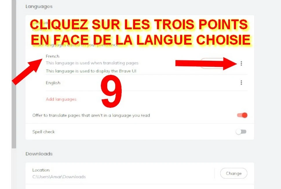 Cliquez sur les Trois points en face de la langue choisie