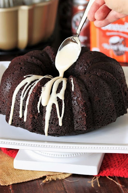 Drizzling Glaze on Chocolate Root Beer Bundt Cake Image