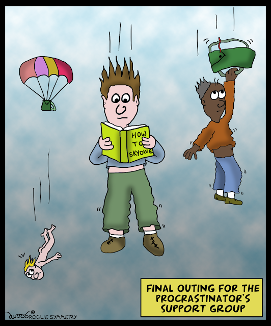 comic with unprepared and naked skydivers for a procrastinator's support group event