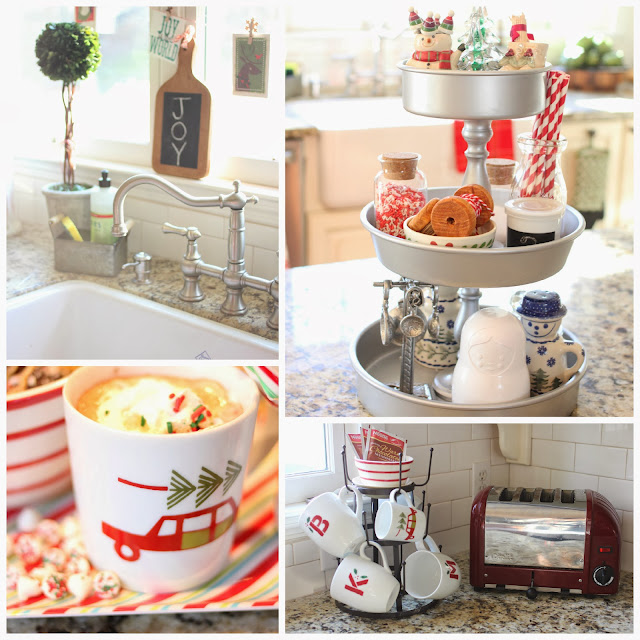 Kitchen at Christmas with chalk cutting board, tiered kitchen stand, Dualit toaster and World Market mug tree-www.goldenboysandme.com