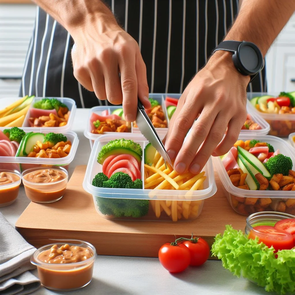 A person preparing meal-prepped containers