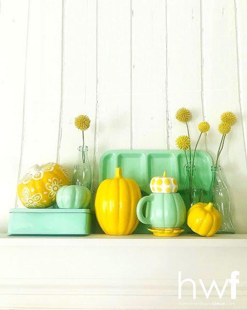 fall,pumpkins,painting,faux finish,decorating,diydecorating,DIY,dollar store crafts,farmhouse style,tutorial,vintage style,colorful home,painted pumpkins,faux painting tutorials,jadeite,fau painted jadeite pumpkins,jadeite pumpkins.