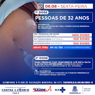Teresópolis irá aplicar primeira dose da vacina contra a Covid-19 em homens e mulheres com 32 anos, na sexta-feira (6)