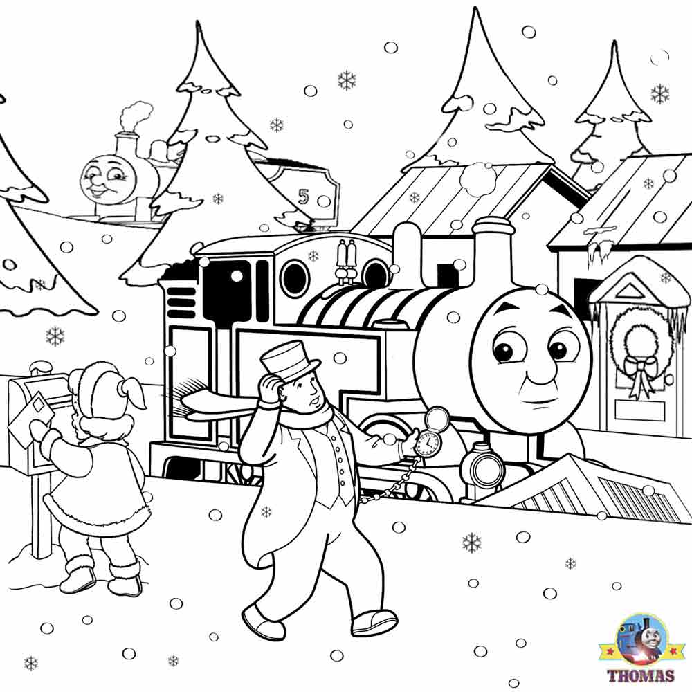 Free childrens Christmas activities James and Thomas the train snowplough snowstorm image to colour