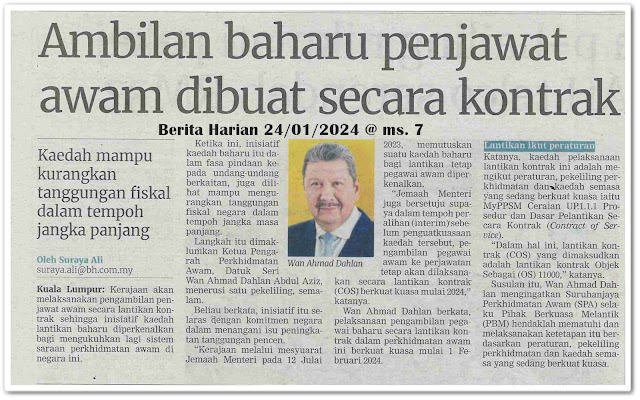 Ambilan baharu penjawat awam dibuat secara kontrak | Keratan akhbar Berita Harian 24 Januari 2024