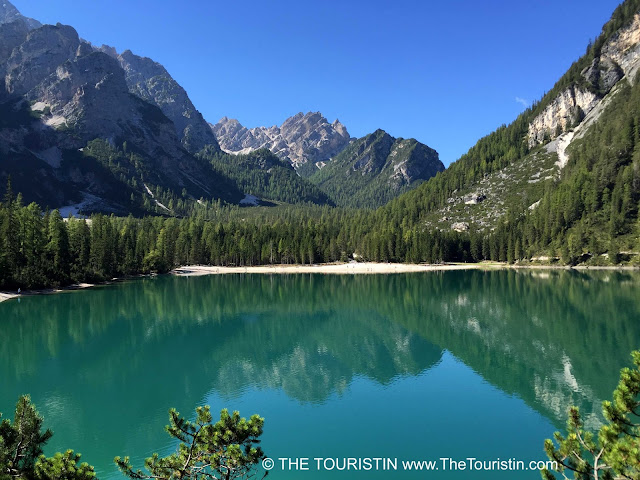 Panoramic view of Lago di Braies in the UNESCO nature heritage listed Prags Dolomites