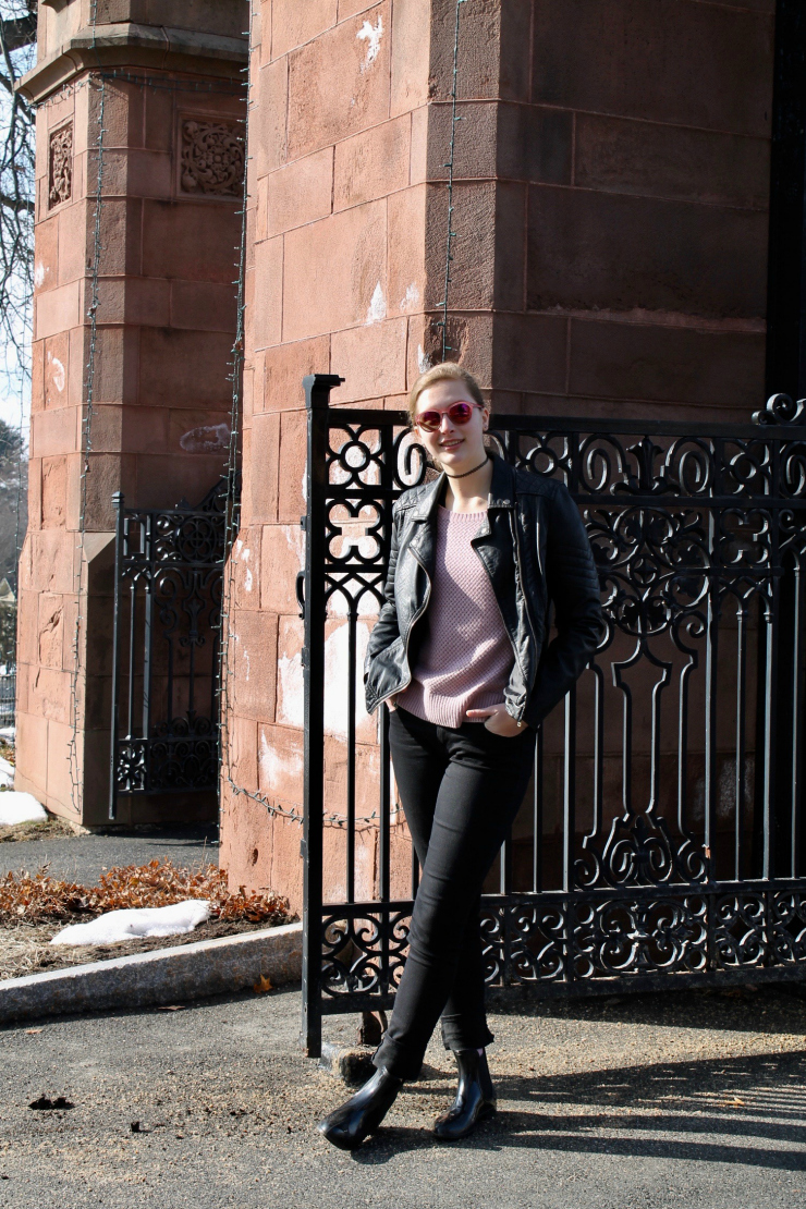 Leather jacket, dusty pink sweater, pink sunglasses + Chelsea booties