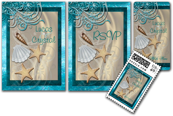  Shimmering Seashell Teal Beach Wedding Invitation