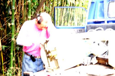 Image of a man in a pink shirt working on a radiant, white object on the flatbed of a truck beside a field of bamboo in Tuen Mun, Hong Kong.